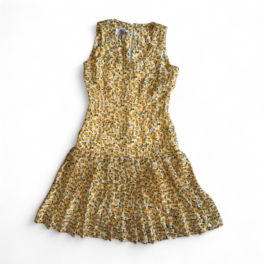 Vintage Oberon Yellow floral mini dress with pleats and button loop accents